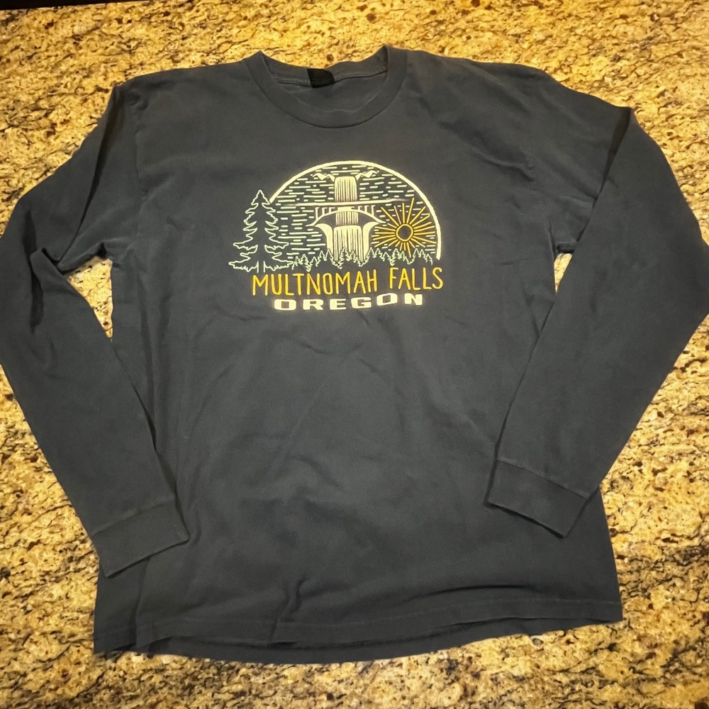 Prairie Mountain Multnomah Falls Oregon Long Sleeve T-Shirt Mens XL Navy Blue